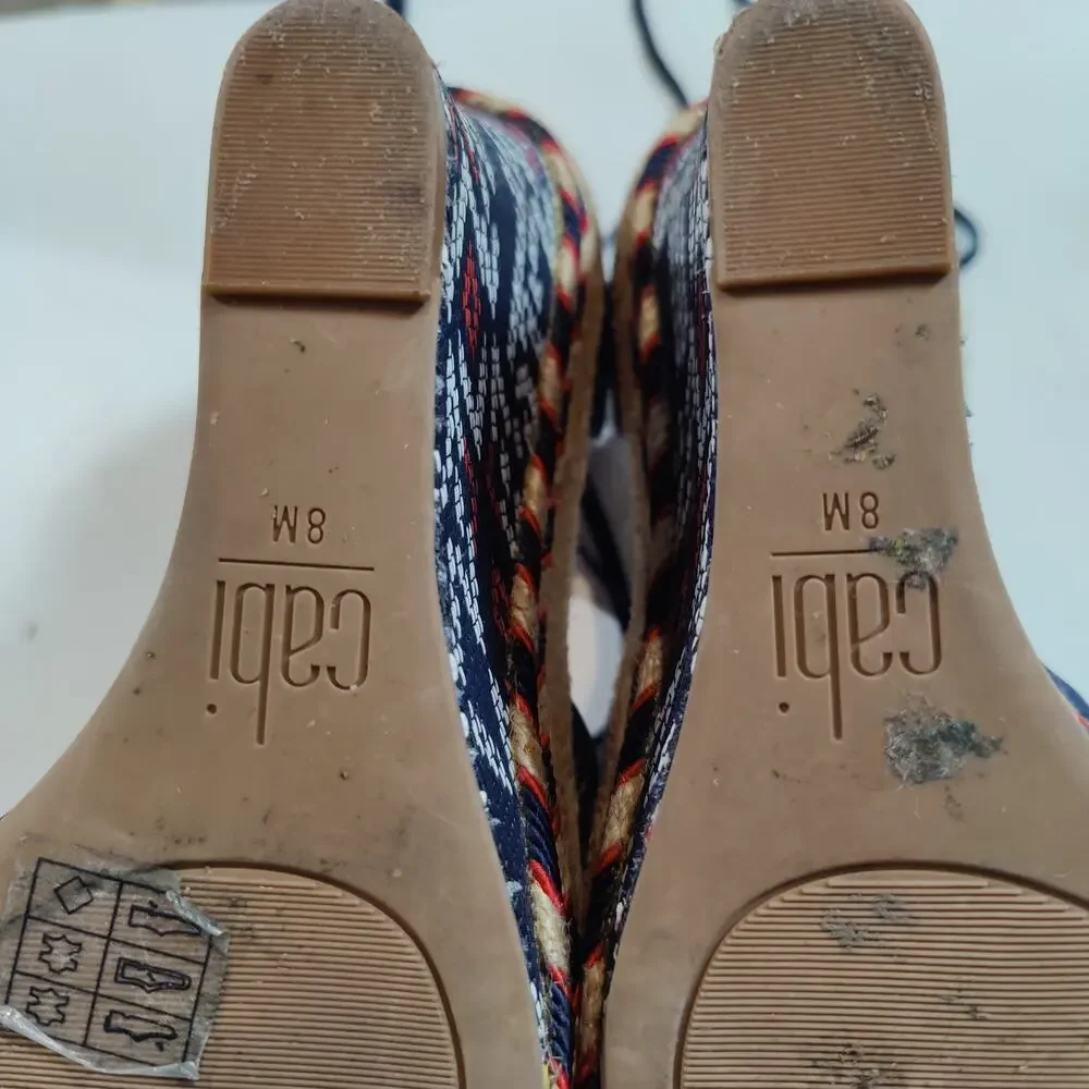 Cabi Women's Sz 8 Isla Navy Orange Espadrille Wedge Suede Sandals Ankle Wrap